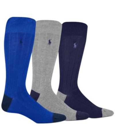 Polo Ralph Lauren Men's Socks, Soft Touch Ribbed Heel Toe 3 Pack In Bright Blue