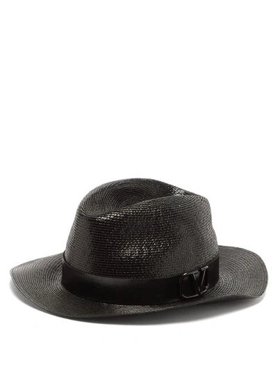 Valentino Garavani Embellished Grosgrain-trimmed Faux Straw Fedora In Black