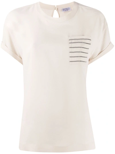 Brunello Cucinelli Bead Applique Patched Pocket T-shirt In Bianco