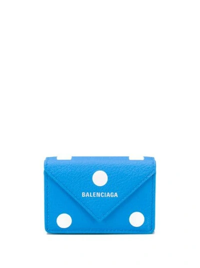 Balenciaga Papier Mini Printed Polka-dot Textured-leather Wallet In Blue