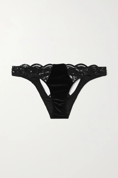 Coco De Mer Shobu Cutout Coated Metallic-trimmed Velvet And Stretch-tulle Briefs In Black