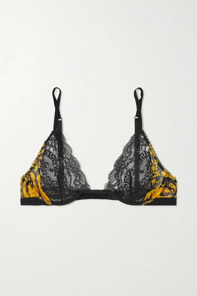Versace Printed Stretch-mesh And Lace Underwired Soft-cup Bra In Black