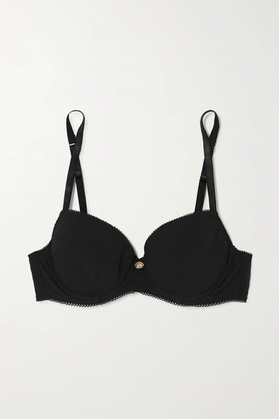 Coco De Mer Penelope Picot-trimmed Embellished Crepon Underwired Bra In Black