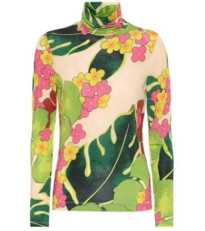 Dries Van Noten Floral-print Stretch-jersey Turtleneck Top In Bright Green