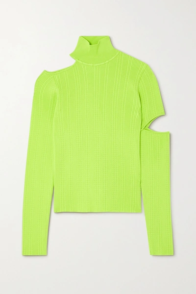 Andersson Bell Jessica Embellished Cutout Neon Cable-knit Turtleneck Sweater In Green