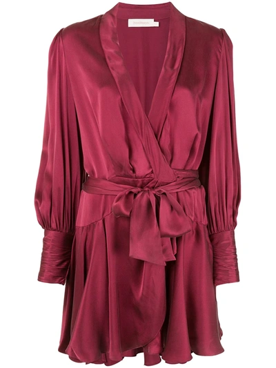 Zimmermann Gathered Washed Silk-satin Mini Wrap Dress In Red