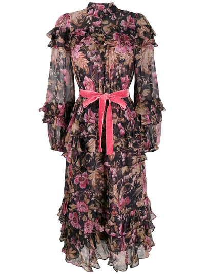Zimmermann Lucky Belted Ruffled Tiered Floral-print Silk-chiffon Midi Dress In Black