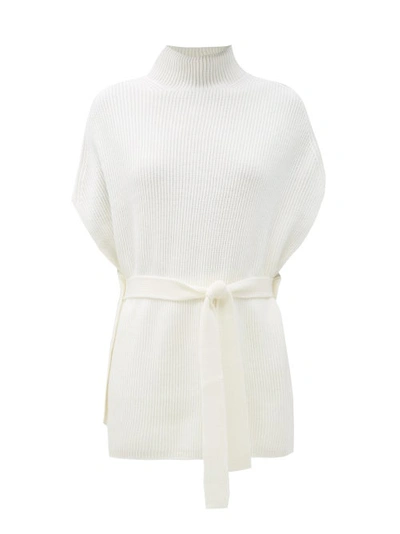 Max Mara Leisure Fulmine Belted Ribbed Wool Turtleneck Poncho In White