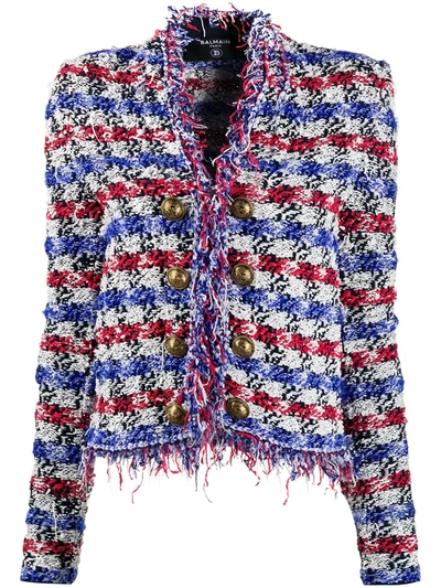 Balmain Collarless Fringed Tweed Jacket In Multicolor