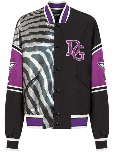Dolce & Gabbana Bomber Jacket With Zebra Jungle Sport Print In Black