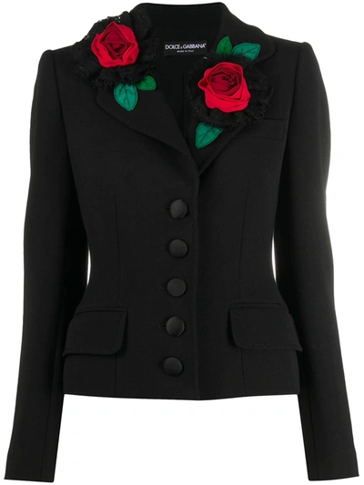 Dolce & Gabbana Short Single-breasted Dolce Jacket With Rose Appliqués In Black