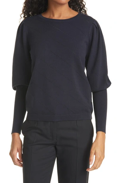 Milly Diagonal Pointelle Bishop Sleeve Sweater In Black