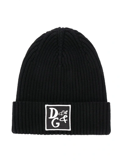 Dolce & Gabbana Kids' Ribbed Wool Hat With D&g Patch In Black