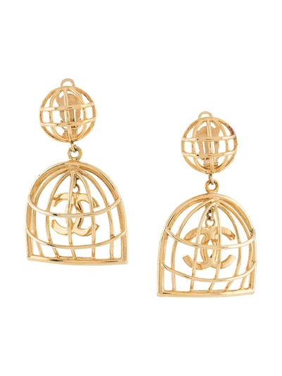 Pre-owned Chanel 1980s Cc Birdcage Clip-on Earrings In Gold