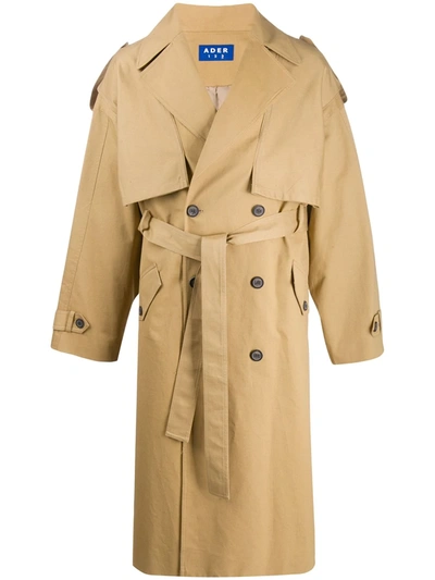 Ader Error Logo Double Breast Cotton Trench Coat In Neutrals