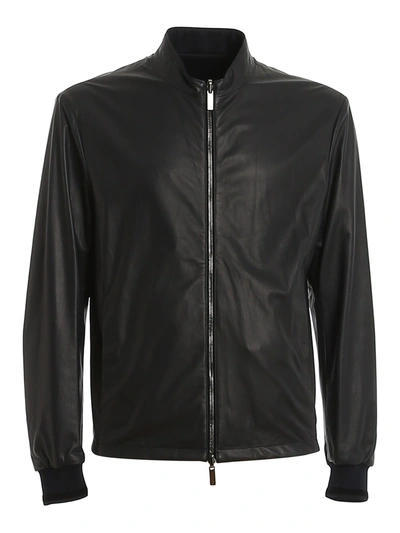 Giorgio Armani Lamb Leather Jacket In Black In Dark Blue