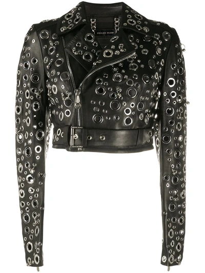 Philipp Plein Eyelet Embellished Leather Jacket In Black