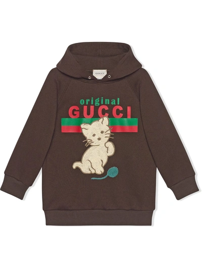 Gucci Kids' Original  Cat-embroidered Hoodie In Brown