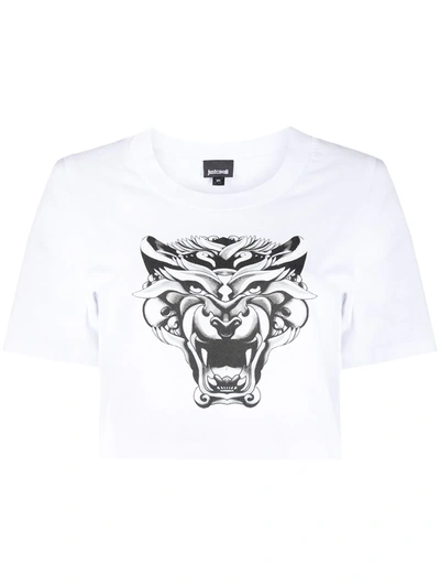 Just Cavalli Tiger Graphic Print Cropped T-shirt In White