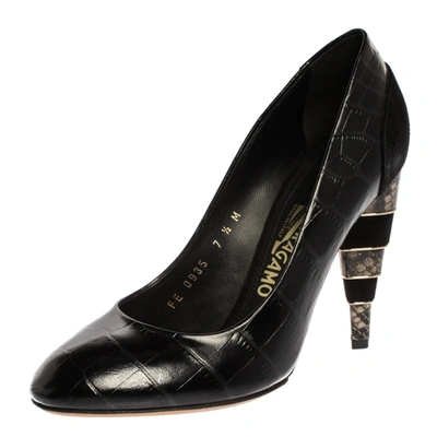 Pre-owned Ferragamo Black Croc Embossed Leather Round Toe Pumps Size 38