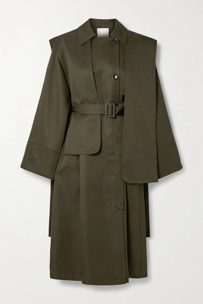 Tibi Layered Double-breasted Woven Trench Coat In Army Green