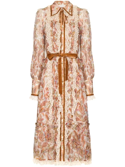 Zimmermann Lucky Lace-trimmed Floral-print Silk Shirt Dress In Orange