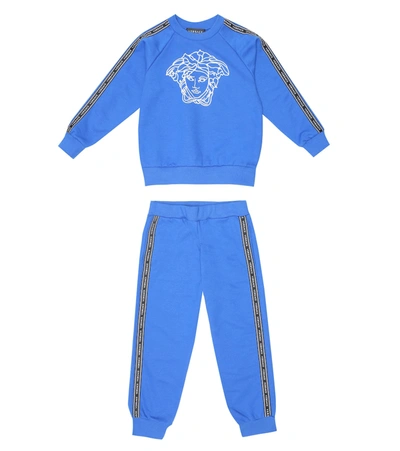 Versace Kids' Embroidered Cotton Tracksuit In Blue