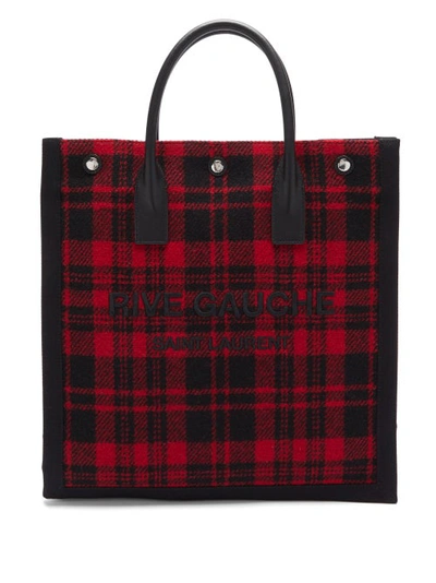 Saint Laurent Noe Logo-embroidered Tartan Tote Bag In Red