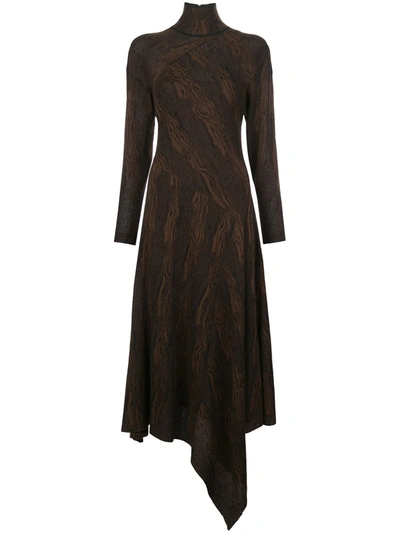 Proenza Schouler Woodgrain Jacquard Long Sleeve Asymmetrical Sweater Dress In Dark Brown/ Black