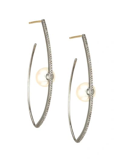 Nina Gilin Women's Black Rhodium-plated, Diamond & 6mm Cultured Sea Pearl Hoop Earrings In Silver