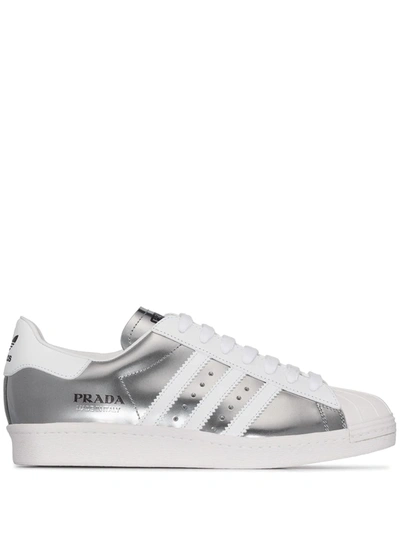 Adidas Originals X Prada Grey Superstar Low Top Leather Sneakers In Silver