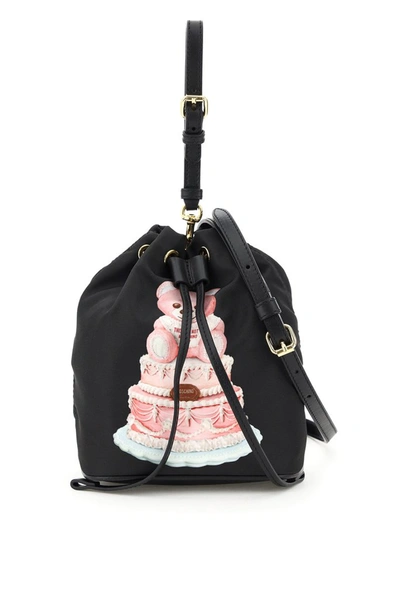 Moschino Mini Bucket With Cake Teddy Bear Print In Black,pink