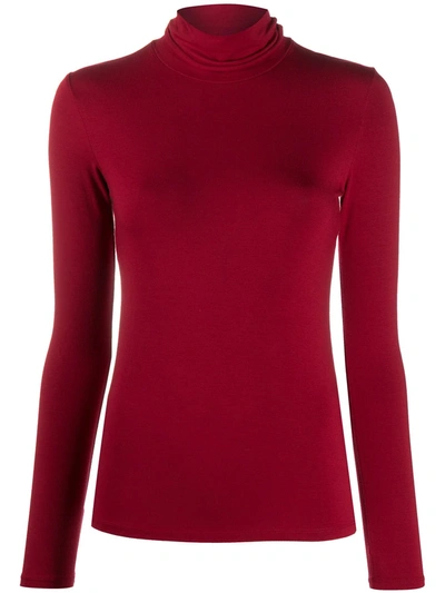 Majestic Roll Neck Stretch Knit Top In Red