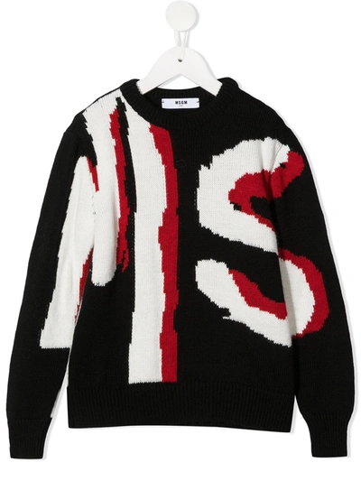 Msgm Kids' Logo Print Knitted Jumper In Black