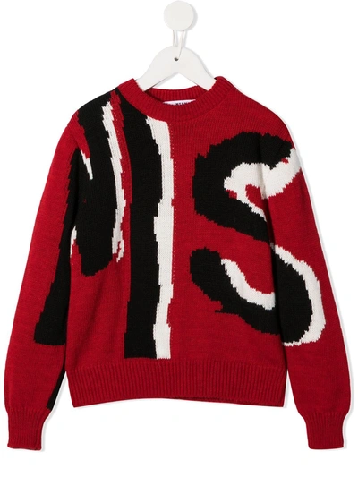 Msgm Kids' Logo Print Knitted Jumper In Red