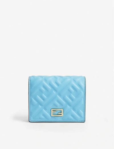 Fendi Ff Logo-embossed Mini Leather Wallet-on-chain In Pool (blue)