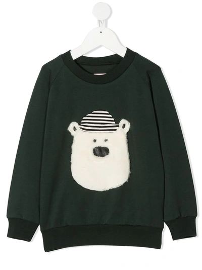 Wauw Capow By Bangbang Kids' Hello Teddy Appliqué Sweatshirt In Green