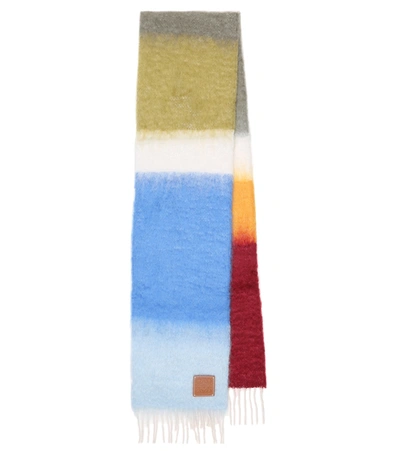 Loewe Leather-trimmed Fringed Striped Mohair-blend Scarf In Blue