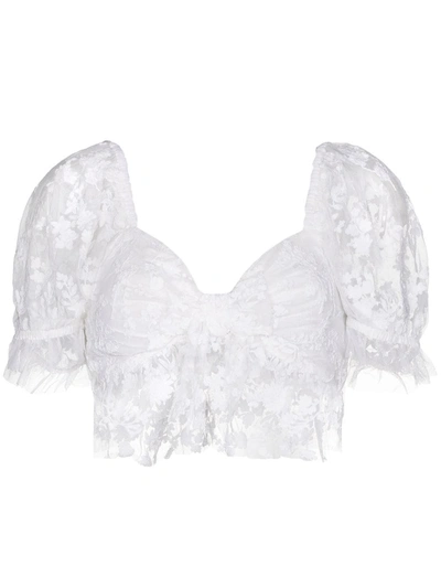 Loveshackfancy White Puff Sleeve Lace Cropped Blouse