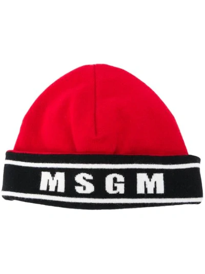 Msgm Stripe Logo Detail Beanie In Red