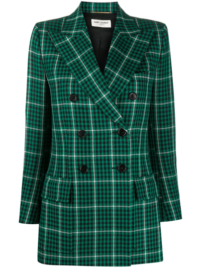 Saint Laurent Double-breasted Prince Of Wales-check Wool Blazer In Green