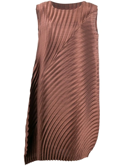 Issey Miyake Pleated Asymmetric Dress In Brown