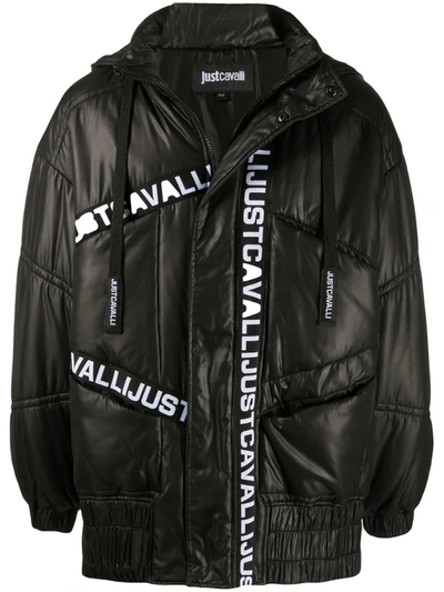 Just Cavalli Nylon Down Jacket With Logoed Bands In Black