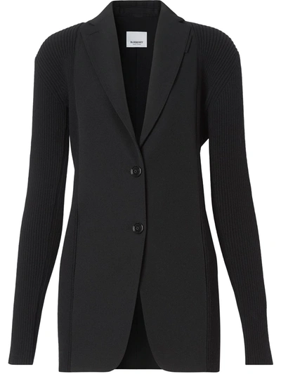 Burberry Ribbed Panel Wool Blazer Jacket In Black