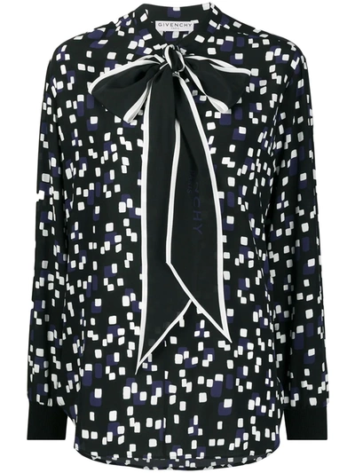 Givenchy Square Print Logo Tie Neck Silk Blouse In Black Navy