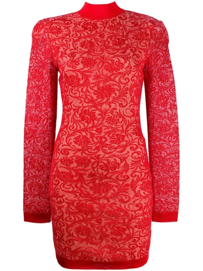 Balmain Brocade Long-sleeve Dress In Red