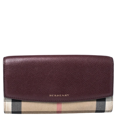 Pre-owned Burberry Burgundy House Check Canvas And Leather Flap Continental Wallet