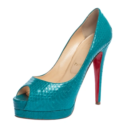 Pre-owned Christian Louboutin Turquoise Snakeskin Lady Peep Toe Platform Pumps Size 39 In Green