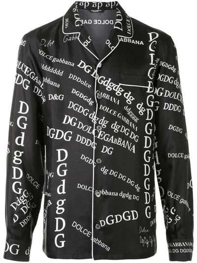 Dolce & Gabbana Silk Pajama Shirt With Lettering Print In Black/white