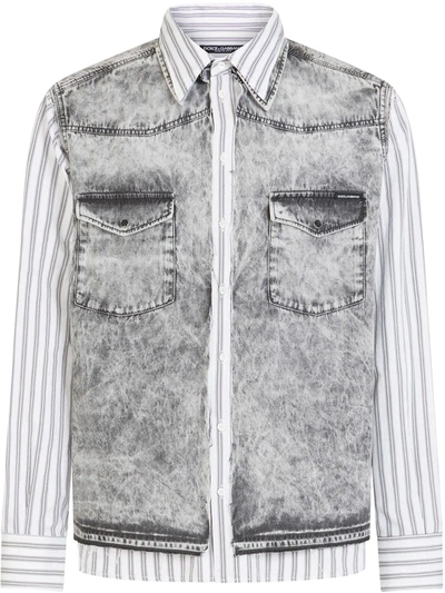 Dolce & Gabbana Gray Denim Shirt With Striped Cotton Details In Multicolor